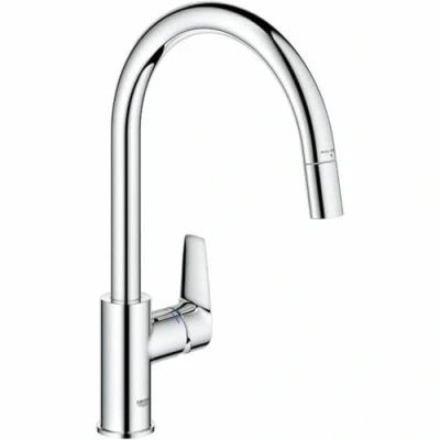 Image of GROHE Start Edge QuickFix 1 Lever Kitchen Sink Mixer Tap with Pull Out Function (High C spout, 360 Swivel Area, 28 mm Ceramic Cartridge, Tail 3/8 Inch, High Pressure), 357 mm, Chrome, 30550000