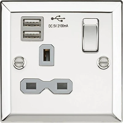 Image of KnightsBridge 13A 1G Switched Socket Dual USB Charger Slots with Grey Insert Bevelled Edge Polished Chrome
