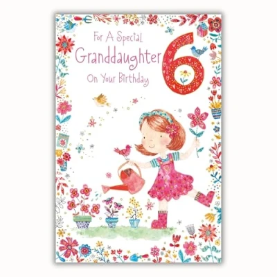 Image of Paper Rose Special Granddaughter 6th Birthday Card Age 6 Little Girl Watering Flowers with Foil Details Eco Friendly and Recyclable