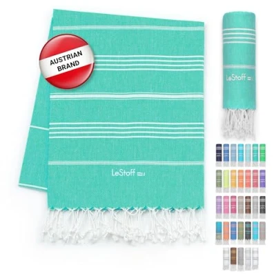 Image of LeStoff Turkish Hammam Towel Quick Drying &amp; Lightweight Peshtemal for Beach, Sauna, Bath, Travel, Yoga Camping Sand Proof Blanket 100% Organic Cotton Eco Friendly (95 x 180 cm, Turquoise)