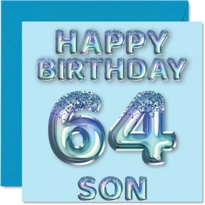 Image of 64th Birthday Card for Son Blue Glitter Party Balloons Happy Cards 64 Year Old from Mum Dad Parents, 145mm x Bday Greeting Gift
