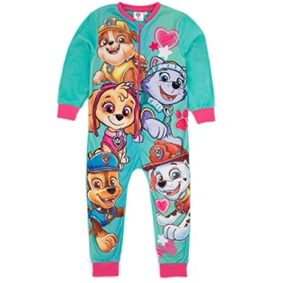 Image of Paw Patrol Girls Onesie In Blue Kids All One Fleece Pyjama Loungewear Chase Skye Rubble Marshall Everest Cosy PJs Sleepsuit Nightwear Pajama Bodysuit Romper Merchandise Gift for Children