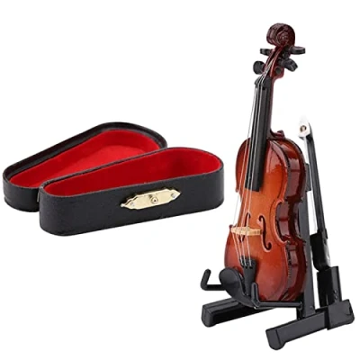 Image of Garosa Wooden Miniature Violin Mini Musical Instrument Model Decor with Bow Stand Support and Black Case for Kids Dollhouse Accessory
