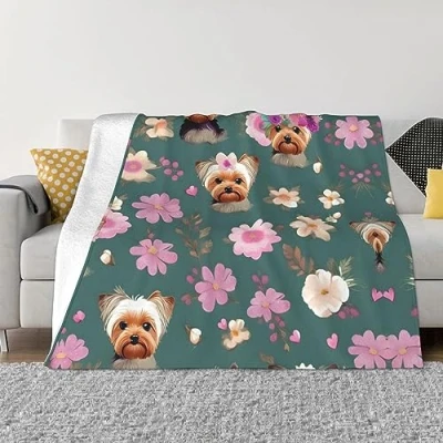 Image of YQxwJL Flannel Fleece Throw Blanket Yorkie Floral Print Soft Warm for Couch Bed Outdoor