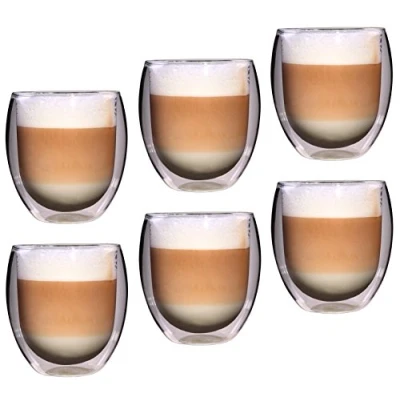 Image of Feelino Glass Coffee Mugs, 6X Double Walled 400 ml Thermal Latte Glasses, Insulated Wall Cups for Cappuccino, Macchiato, Ice Coffee, Teas, Handmade Clear