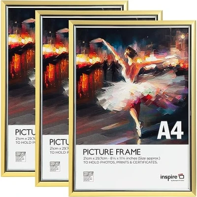 Image of Inspire By Hampton EASYLOADER A4 (21x30cm) Gold Picture Poster Frame Plexi (Non Glass) 3 Pack IBH EASA4GDP PK3