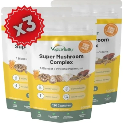 Image of Mushroom Complex 6 Lions Mane Supplement 360 Capsules High Strength Vegan with Mane, Reishi, Chaga Powder, Shitake, Cordyceps &amp; Maitake