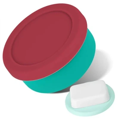 Image of Adorila Round Soap Travel Container, Leak Proof Silicone Holder with Diatomite Dish, Portable Case Lid for Bathroom, Gym, Camping