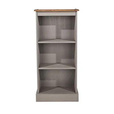 Image of Home Source 3 Tier Low Bookcase Pine Bookshelf Natural Wood Storage for Living Room, Office, Antique Wax Furniture, Grey