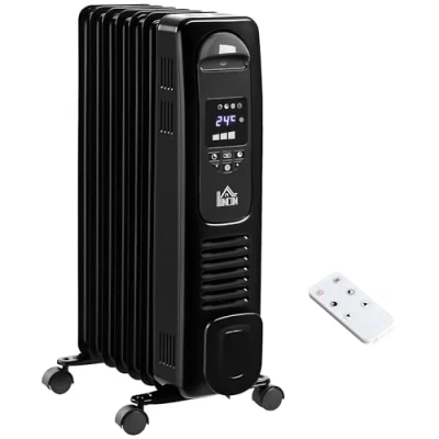 Image of HOMCOM 1500W Digital Oil Filled Radiator, 7 Fin, Portable Electric Heater with LED Display, Built in Timer, 3 Heat Settings, Safety Cut Off and Remote Control, Black