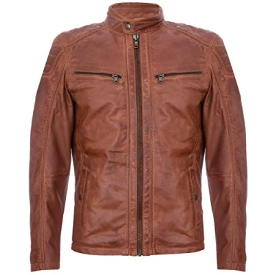 Image of Infinity Leather Mens Jacket Vintage Quilted Retro Racing Zipped Biker San Marino Tan Size Large