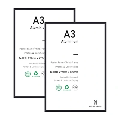 Image of A3 Certificate Picture Frame,2 Pack Black Aluminium Photo Frame with plexiglass for Wall Mount Display,29.7x42 cm,Set of 2