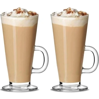 Image of Latte Glasses Tea &amp; Coffee Cups Pack of 2 270ml Temperature Resistant Hot Drink Cafe Mugs with Handle Ideal for Milk Juice Ice Cream Latte, Cappuccino, Espresso and Chocolate