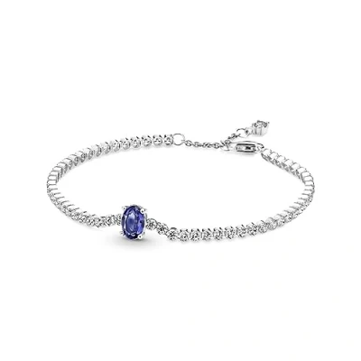 Image of Pandora Timeless Sterling silver tennis bracelet with princess blue crystal and clear cubic zirconia, 20