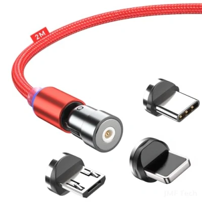 Image of Magnetic Charging Cable 3 in 1 Magnet USB 360 + 180 Rotating 2.4A 1M/2M Nylon Braided Compatible with Micro USB,Type C/USB C,I Phone,phone, Tablets (2M 6ft Red)
