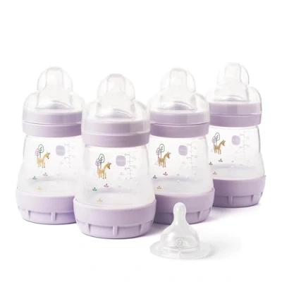Image of MAM Easy Start Anti Colic Baby Bottles 4 Pack (4X 160ml) Self Sterilising Milk Bottle Slow Flow Teats Size 1 + 1x Medium Teat 2 Pink (Various Designs)