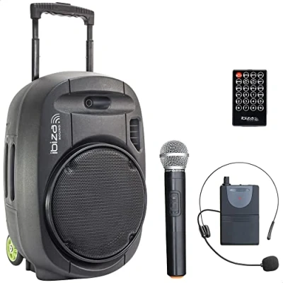 Image of PORT12VHF MKII Ibiza sound Stand alone portable system 12 with USB/MP3, Bluetooth, Vox &amp; 2 VHF microphones, Black