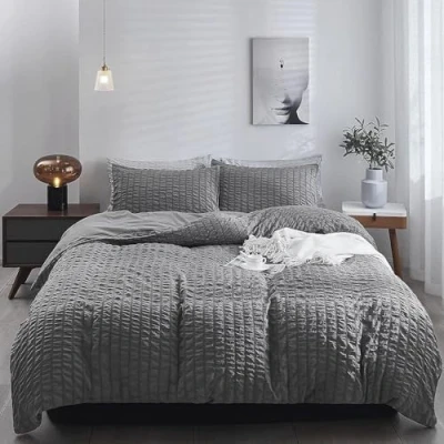 Image of Seersucker Bedding Set 100% Cotton Double Bed Duvet Cover Sets Charcoal Waffle Quilt Covers with Pillowcases