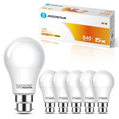 Image of Aigostar Bayonet Light Bulb 62W, B22 LED Bulbs Warm White 3000K, 9W BC GLS Energy Saving Bayonet, 840lm Light, 5 Pack