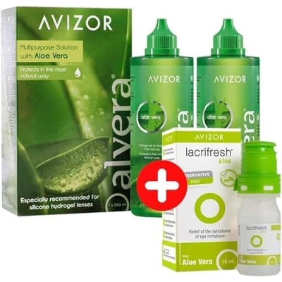 Image of AVIZOR ALVERA Pack 2 bottles of 350 ml + LACRIFRESH Aloe bottle 10 Solution for cleaning and disinfecting contact lenses eye drops relief irritation symptoms