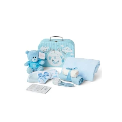 Image of Baby Box Shop Boy Gifts, Newborn Essentials, Ideal Shower Gifts Includes a Blue Teddy Bear &amp; 8 Double Sided Milestone Cards in Cute Sky Hamper