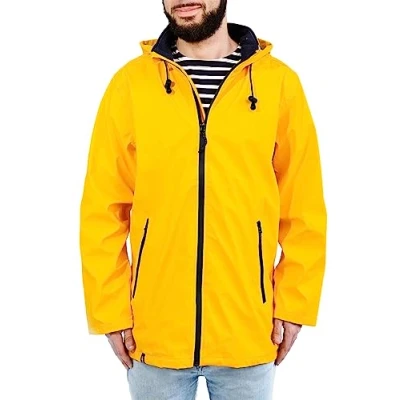 Image of Breizh Ocean Ciré, waterproof coat for men SARZEAU, rainwear with hood, heat sealed seams total waterproofness. Lined sailor style stripes. (Yellow, L)