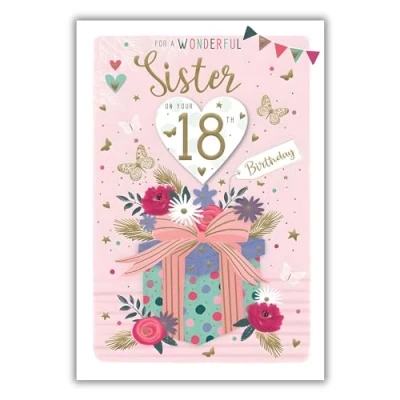 Image of Sister 18th Birthday Card Age 18 Flowers, Butterflies and Love Hearts Special Finishes Illustrated Insert Leaf Made in the UK