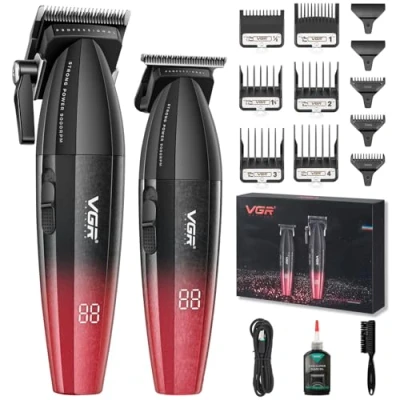 Image of VGR 640 Professional Hair Clippers for Men, Cordless Barber and Trimmers Set, Zero Gap T Blade Cutting Kit, DLC Coated Ceramic Premium Gift Kit with LED Display(Red)