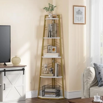 Image of YITAHOME Corner shelf 5 Tiers, Industrial Bookshelf Modern Floorstanding Bookcase Ladder Wooden Open Display Shelving Unit for Living Room, Hallway, Home Office, Gold Book