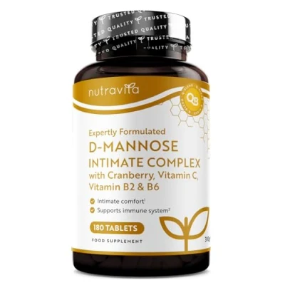 Image of D Mannose 1200mg with Vitamin C, B6 and Cranberry Fruit Extract 180 Tablets to Support The Normal Function of Immune System Mucus Membrane Nutravita