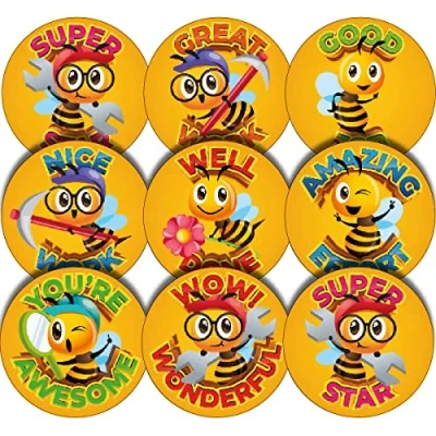 Image of 144 Worker Bee Praise Words 30mm Glossy Reward Stickers