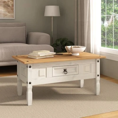 Image of Corona White Coffee Table 1 Drawer Mexican Solid Pine Wood