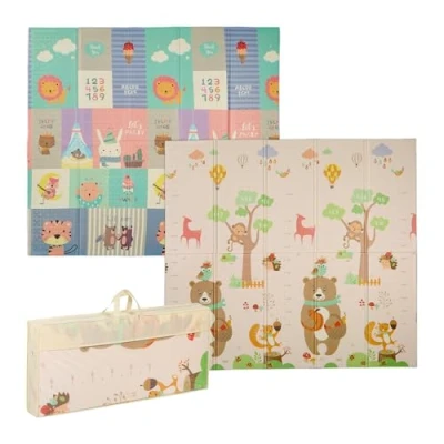 Image of Relaxdays Foldable Play Mat, Two Sided Animal Motif for Children, Non Toxic, Washable, 200 x 180 cm, XPE Foam, Colourful