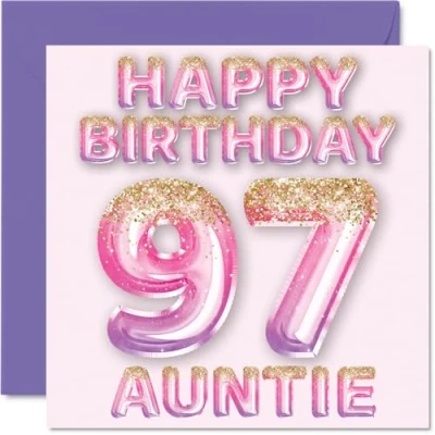 Image of 97th Birthday Card for Auntie Pink &amp; Purple Glitter Balloons Happy Cards 97 Year Old Aunt Aunty from Nephew Niece, 145mm x Bday Greeting Gift