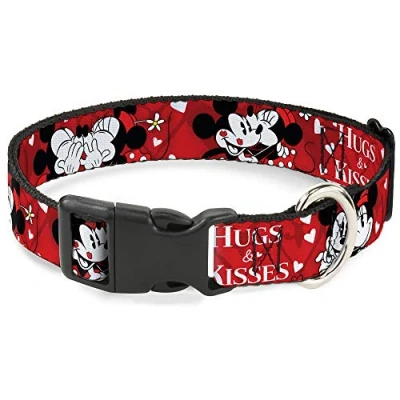 Image of Buckle Down Plastic Clip Collar Mickey &amp; Minnie HUGS KISSES Poses Reds/White 1&quot; Wide Fits 15 26&quot; Neck Large