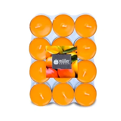 Image of Müller Scented Tealight Candles Scent: Exotic Fruits Pack of 24 Colored Tea Lights 4 Hours Long Burning Small Orange Dripless Wax 39 x 15 mm Made in Germany RAL Quality