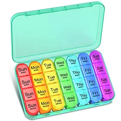 Image of Pill Box 4 Times a Day, Betife Weekly Organisers, 7 Day Tablet Organiser, Daily Dispenser Compartments, for Medication, Vitamins and Supplements (Cyan)