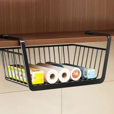 Image of ZOKT 2 Pack Under Shelf Storage Basket, Hanging Cabinet Basket Organizer, Metal Wire Organizer for Kitchen, Office, Pantry, Bathroom, Cabinet, Black