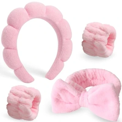 Image of DRESHOW Spa Headband for Washing Face Skincare Hairbands Wristband Set Makeup Terry Cloth Towel Headbands Sponge Puffy Make Up Hair Band Women Girls