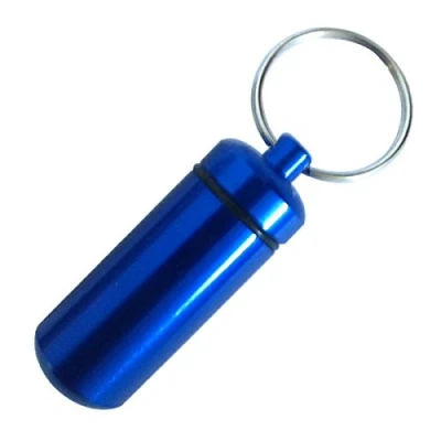 Image of AllCachedUp Waterproof Aluminium Capsule Emergency Pill Money or ID container holder Keyring (Blue)