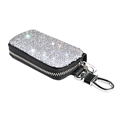 Image of eing Bling Crystal Car Key Case Genuine Leather Auto Smart Keychain Holder Metal Hook and Keyring Zipper Bag for Remote Fob Silver