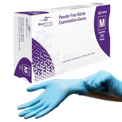 Image of MediHands Nitrile Gloves Medium, Blue Heavy Duty Disposable Gloves, Powder Free, Latex and Protein Medical, Food, Multi Use, Pack of 100
