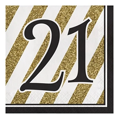 Image of Creative Converting Black and Gold Number 21 Paper Luncheon Napkins,13&quot; 16 Pcs, 6 1/2 in