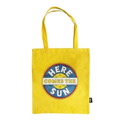 Image of Half Moon Bay Here Comes the Sun Beatles Bright Yellow 16.5 x 15 Inch 100% Recycled Cotton Reusable Grocery Shopping Bag, Yellow,