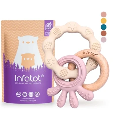 Image of Infatot® Teething Toys for Baby MultiTexture Teethers 0 6 Months, Essentials Newborn Shower Gifts, Silicone Babies Months Cream &amp; Coral