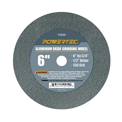 Image of POWERTEC Bench Grinder Wheel 6 Inch 150 Grit, Aluminum Oxide Grinding for Pedestal Grinder, 3/4&quot; Thick 1/2&quot; Arbor, Sharpening &amp; Shaping Drill Bits, Blade, and Chisel 1PK (15520)