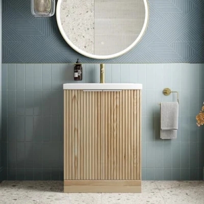 Image of BAYSTONE® Fluted 600mm Bathroom Vanity Unit Ceramic Wash Sink, Cloakroom Storage Furniture Under Basin Cabinet Floorstanding Cupboard, Wood