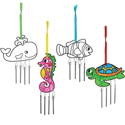 Image of Baker Ross FC766 Sealife Suncatcher Windchimes Pack of 4, Painting Craft Kit for Kids, Stained Glass Window Crafts