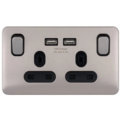 Image of Schneider Electric Lisse Screwless Deco Switched Double Power Socket, Single Pole with USB Charging Ports, 13A, GGBL30202USBABSSS, Stainless Steel Black Insert