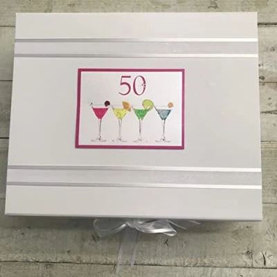 Image of 50TH Birthday. Special Occasion. Large Keepsake Box. NEON Cocktail Glasses Design. Hand Finished by WHITE COTTON CARDS (NC50X)